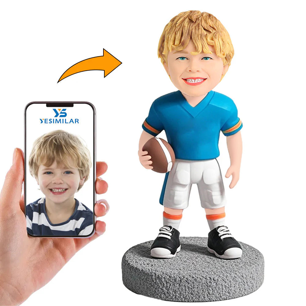 Kid Football Player in Blue Shirt Custom Bobbleheads