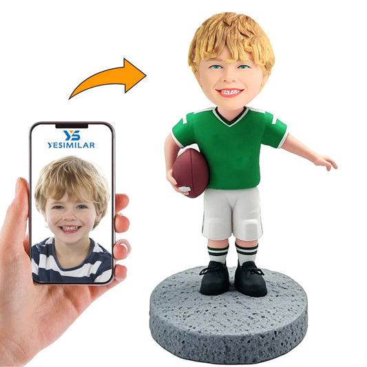 Kid Football Player in Green Shirt Custom Bobbleheads