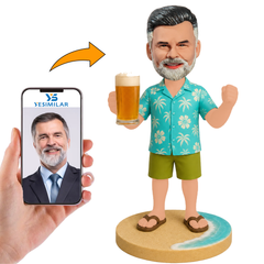 Man in Hawaiian Shirt Holding Beer Mug Custom Bobbleheads