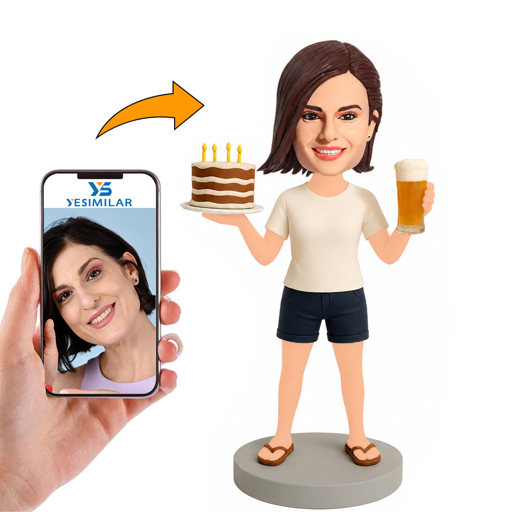 Woman Holding Beer and Birthday Cake Custom Bobbleheads