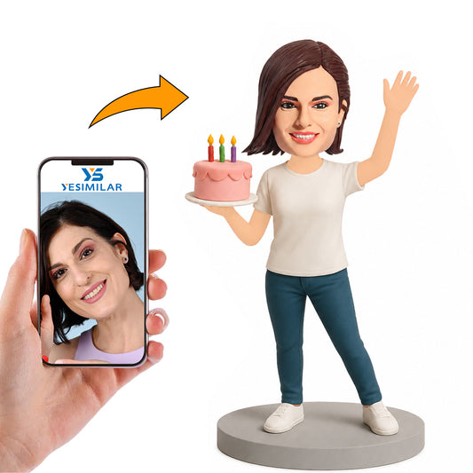 Woman Holding Birthday Cake Custom Bobbleheads