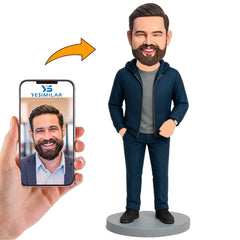 Man Wearing Dark Blue Zipper Sweatshirt Custom Bobbleheads