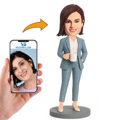 Office Lady in Blue Gray Suit Custom Bobbleheads