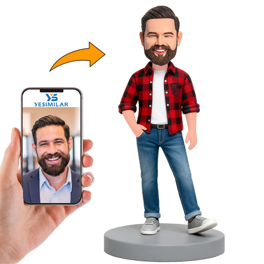 Man Wearing Red Plaid Shirt Gray Shoes Custom Bobbleheads
