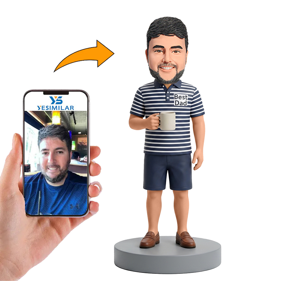Male Dad in Striped Polo Holding Coffee Mug Custom Bobbleheads