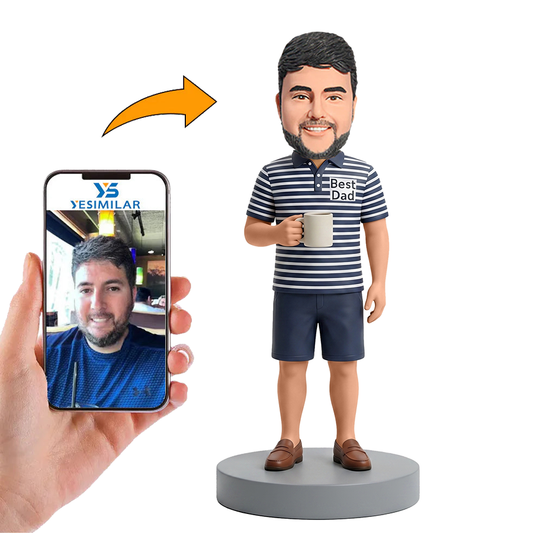 Male Dad in Striped Polo Holding Coffee Mug Custom Bobbleheads