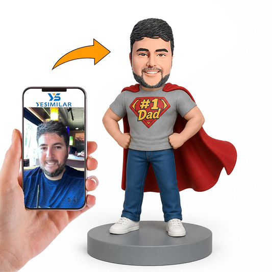 Male Super Dad in Grey T Shirt with Red Cape Custom Bobbleheads