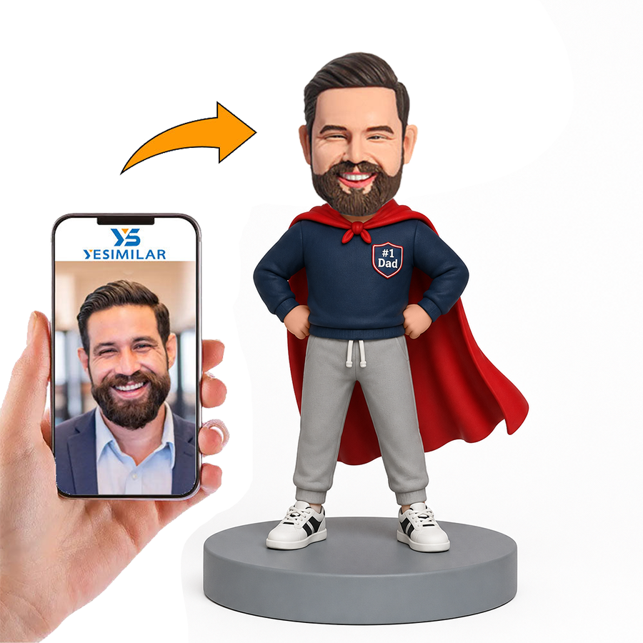 Male Dad in Navy Hoodie and Red Cape Custom Bobbleheads
