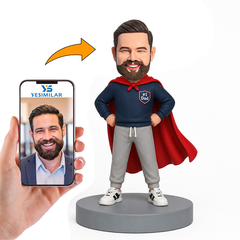 Male Dad in Navy Hoodie and Red Cape Custom Bobbleheads