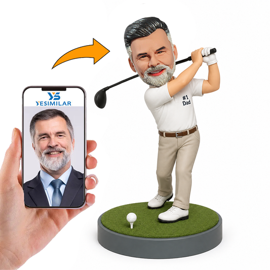 Male Golf Dad Swinging Club on Green Base Custom Bobbleheads