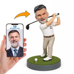 Male Golf Dad Swinging Club on Green Base Custom Bobbleheads