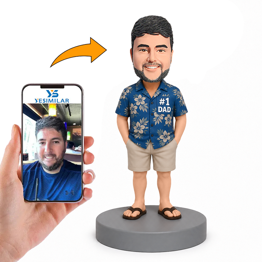 Male Dad in Blue Floral Shirt and Flip Flops Custom Bobbleheads