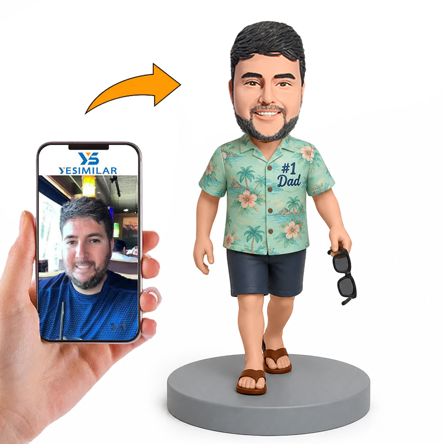 Male Dad in Tropical Shirt Holding Sunglasses Custom Bobbleheads
