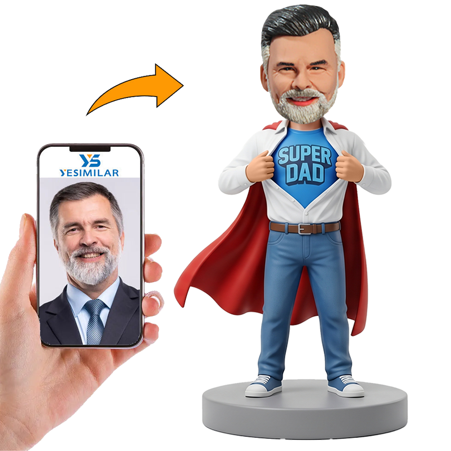 Male Super Dad Revealing Comic Shirt with Red Cape Custom Bobbleheads