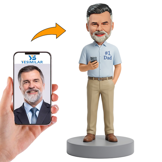 Male Dad Holding Phone in Light Blue Polo Custom Bobbleheads