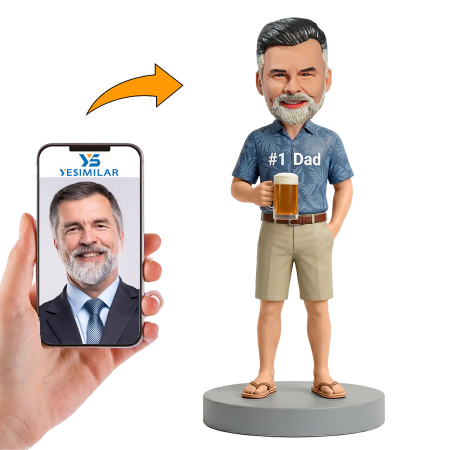 Male No.1 Dad in Blue Hawaiian Shirt Holding Beer Mug Custom Bobbleheads