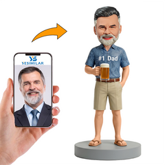 Male No.1 Dad in Blue Hawaiian Shirt Holding Beer Mug Custom Bobbleheads