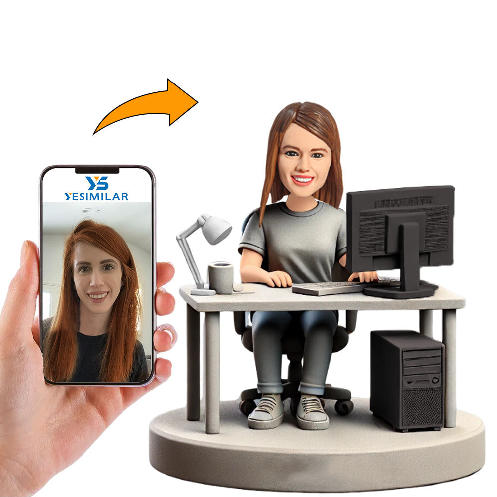 Woman Working at Computer Desk Custom Bobbleheads