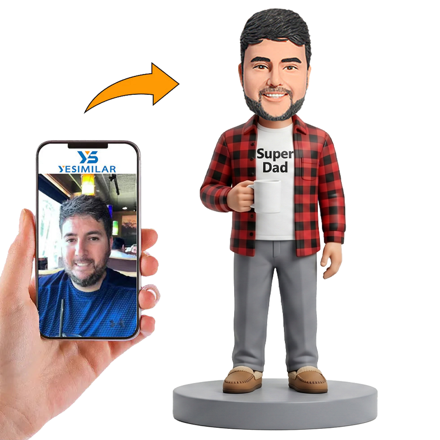 Male Dad in Plaid Shirt Holding Coffee Mug Custom Bobbleheads