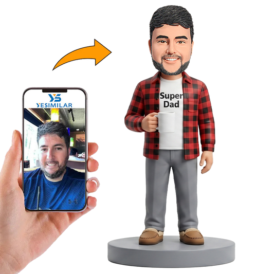 Male Dad in Plaid Shirt Holding Coffee Mug Custom Bobbleheads
