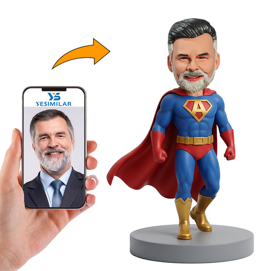 Male Super Dad Hero in Blue and Red Suit Custom Bobbleheads