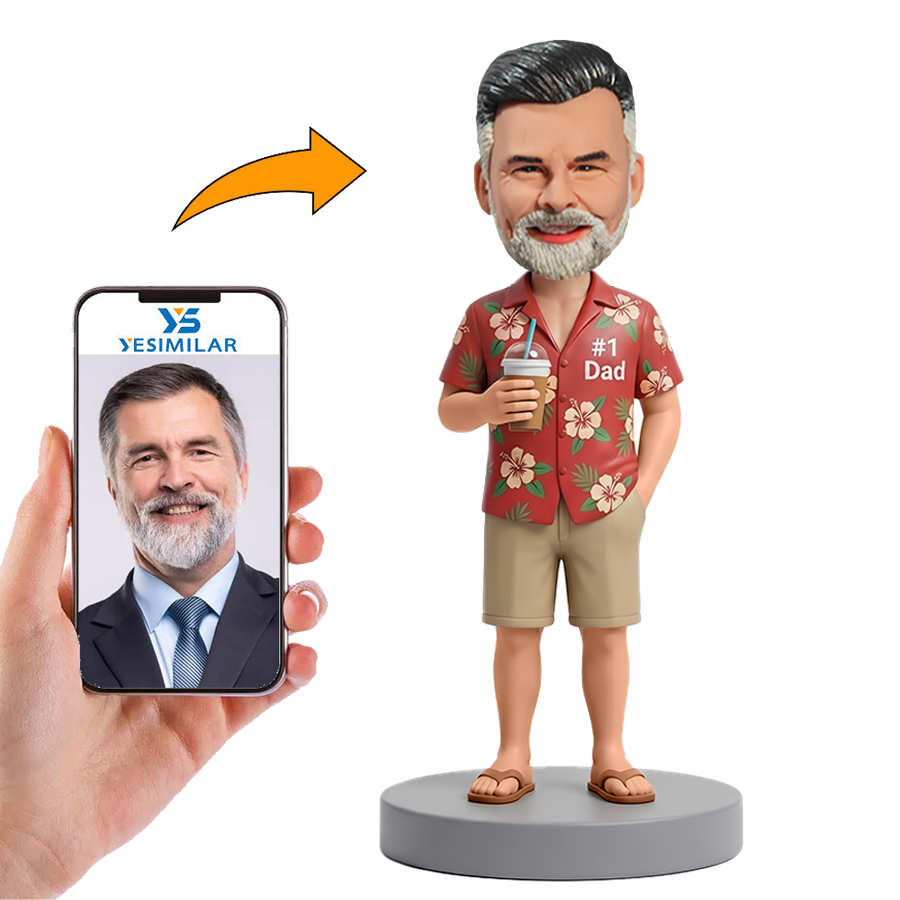 Male Dad in Red Floral Shirt Holding Drink Custom Bobbleheads