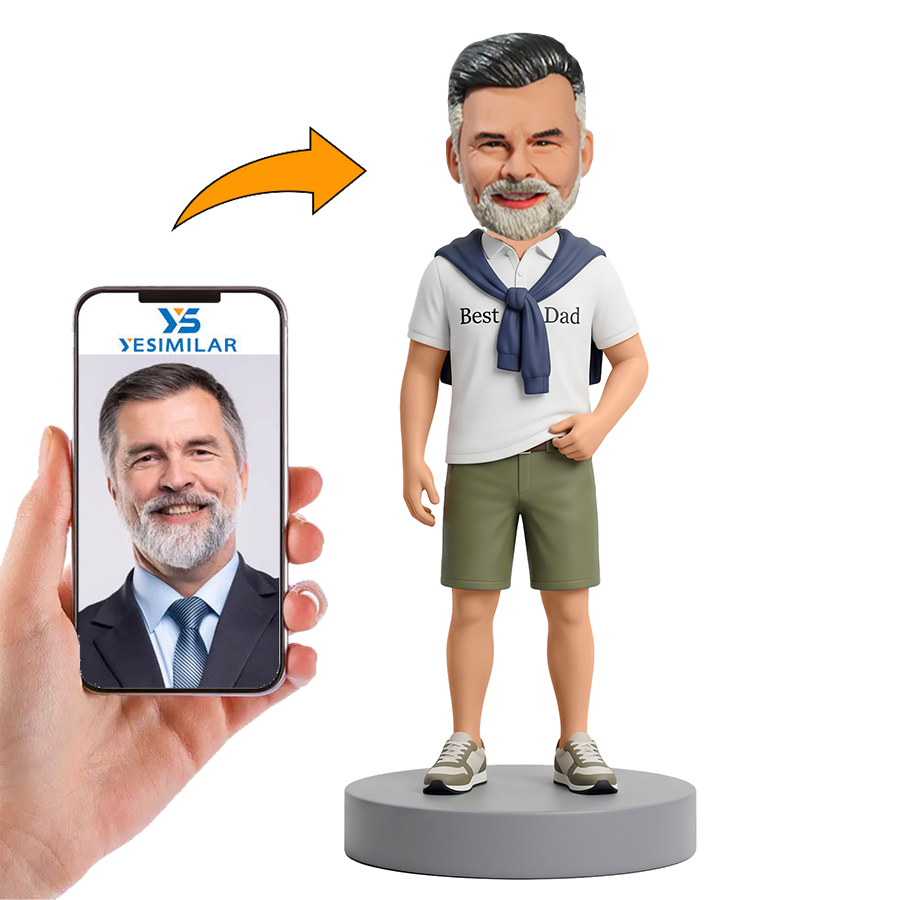 Male Best Dad in White Polo with Sweater Custom Bobbleheads