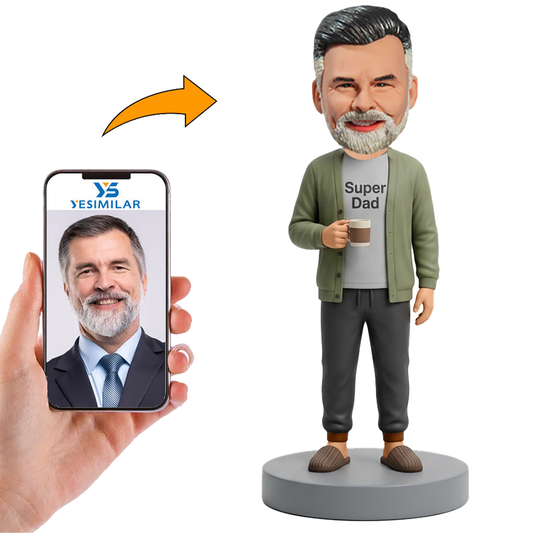 Male Super Dad in Cardigan Holding Coffee Mug Custom Bobbleheads