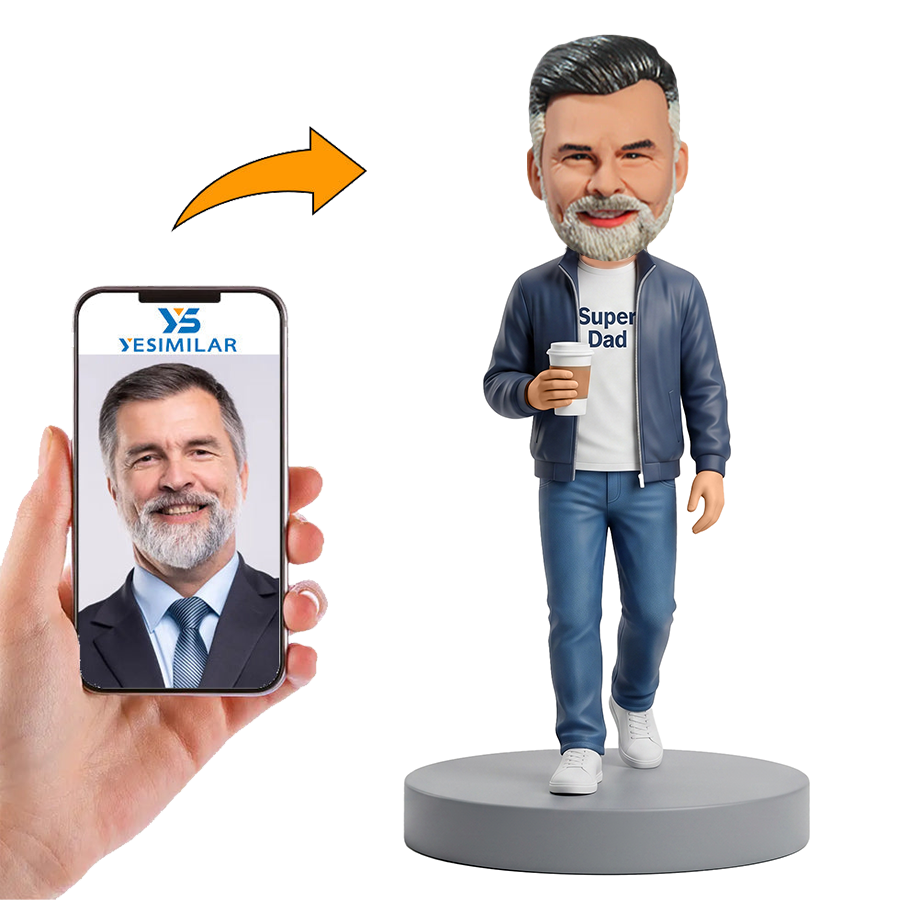 Male Super Dad in Jacket Holding Coffee Cup Custom Bobbleheads
