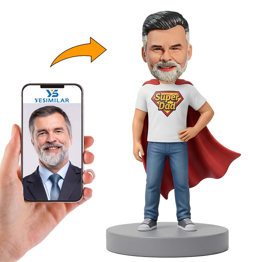 Male Super Dad in White T Shirt and Red Cape Custom Bobbleheads
