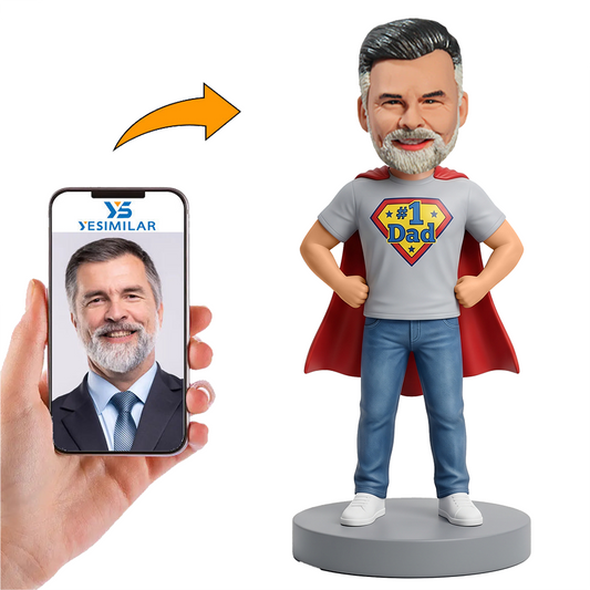 Male No.1 Dad Wearing Grey T Shirt and Red Cape Custom Bobbleheads