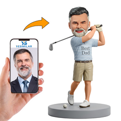 Male Golf Dad Swinging Golf Club on Green Base Custom Bobbleheads