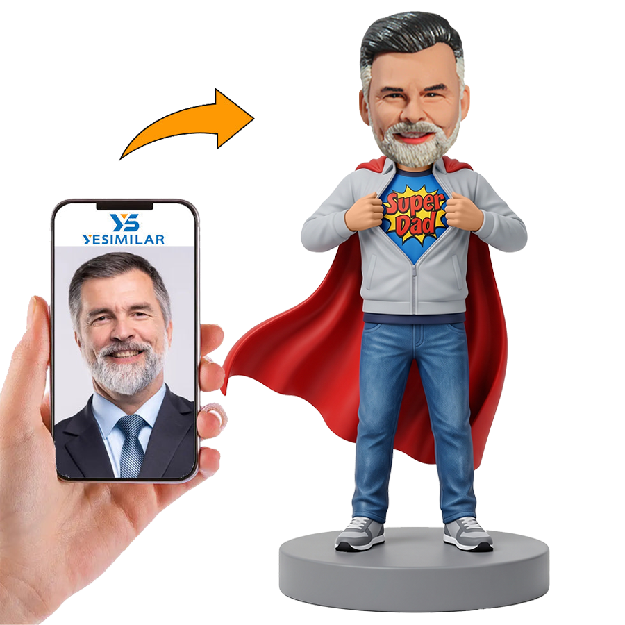 Male Super Dad Revealing Blue Hero Shirt with Cape Custom Bobbleheads