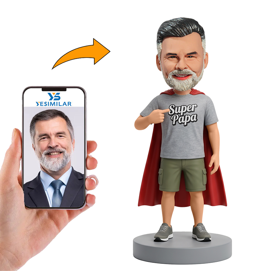 Male Super Papa Pointing at Shirt with Red Cape Custom Bobbleheads