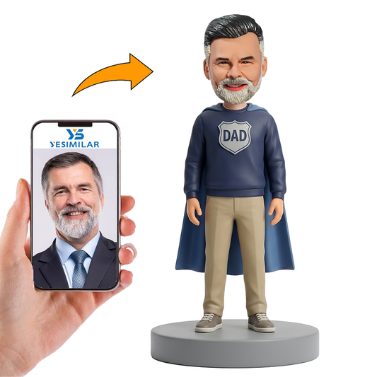 Male Dad in Navy Hoodie with Blue Cape Custom Bobbleheads