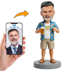 Male Dad in Blue Hawaiian Shirt Holding Beer Mug Custom Bobbleheads