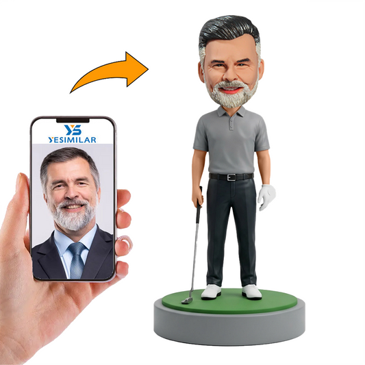 Male Golfer Standing with Club on Green Base Custom Bobbleheads