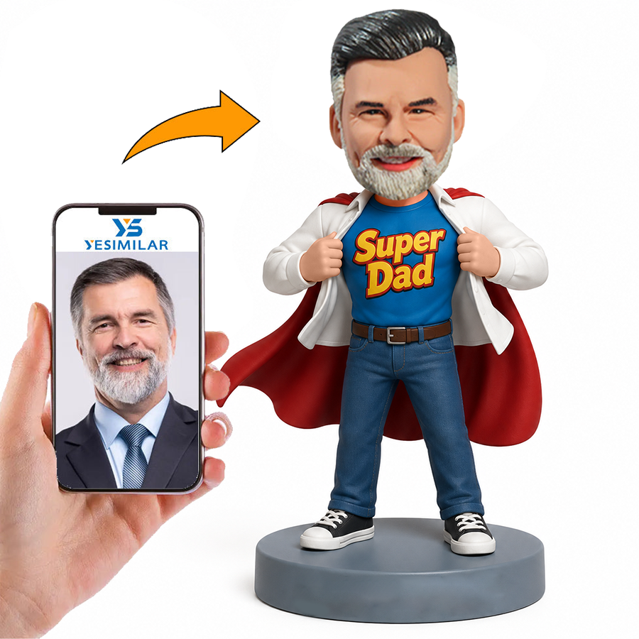 Male Super Dad Revealing Shirt with Red Cape Custom Bobbleheads