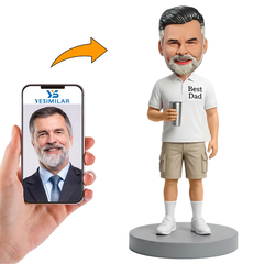 Male Best Dad Holding Tumbler in White Outfit Custom Bobbleheads