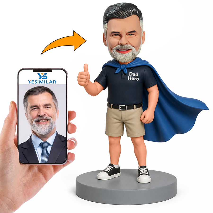 Male Dad Hero Giving Thumbs Up with Blue Cape Custom Bobbleheads