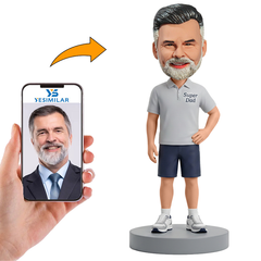 Male Casual Dad in Grey T Shirt and Black Shorts Custom Bobbleheads
