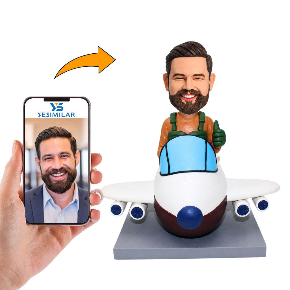 Aviator in Green Uniform with Airplane Custom Bobbleheads