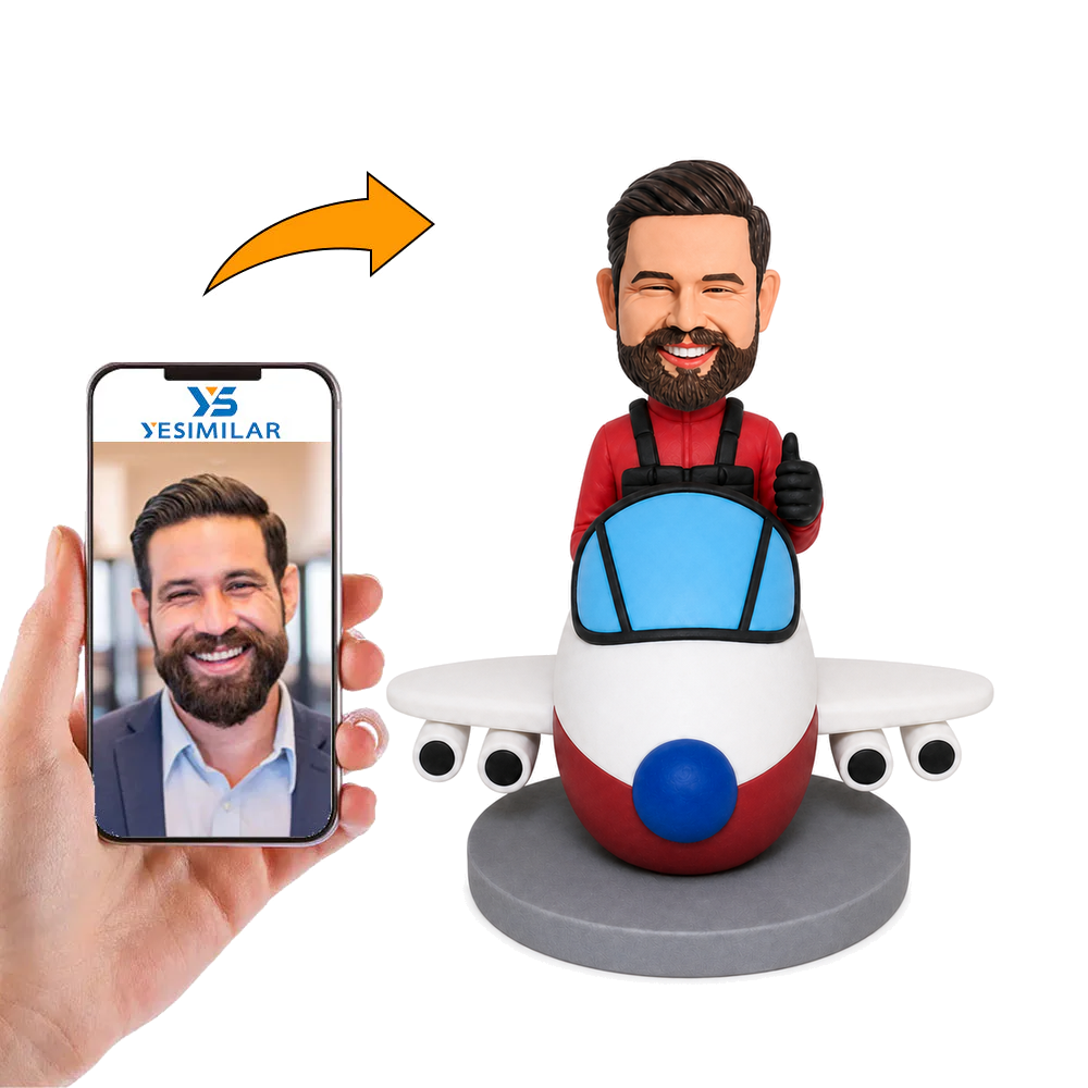 Airline Pilot in Red Uniform on Airplane Custom Bobbleheads