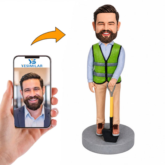 Construction Worker with Safety Vest and Shovel Custom Bobbleheads