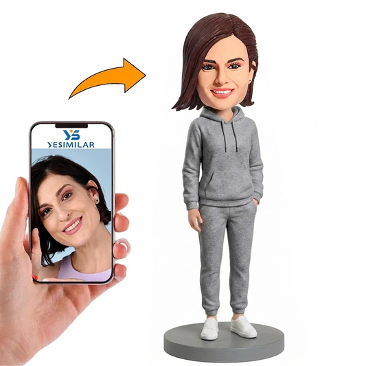 Casual Woman in Gray Tracksuit Custom Bobbleheads
