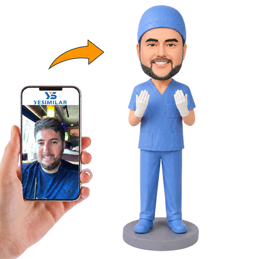 Operating Room Male Doctor in Blue Scrubs with White Gloves Custom Bobbleheads