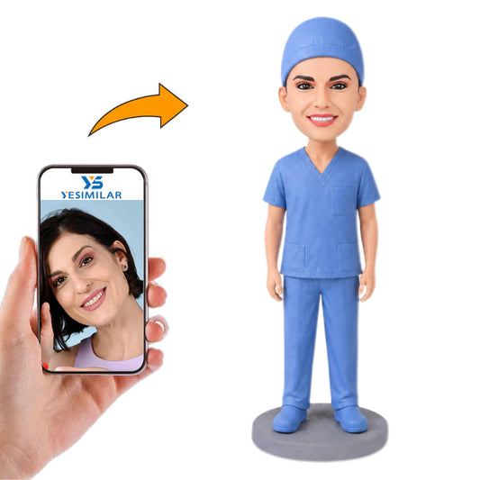 Operating Room Female Doctor in Blue Scrubs Custom Bobbleheads