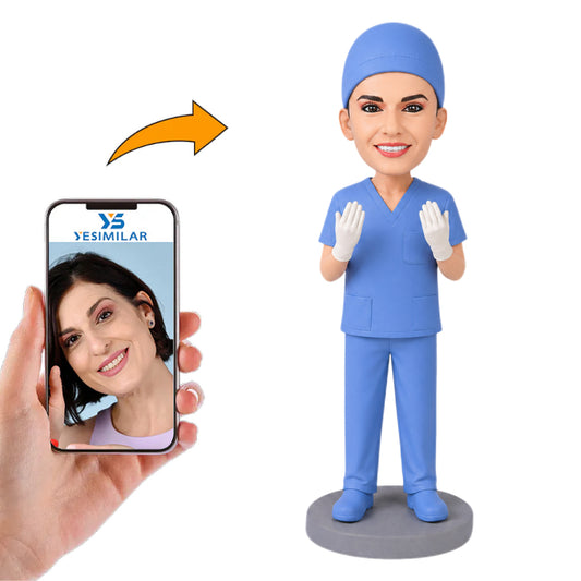 Operating Room Female Doctor in Blue Scrubs with White Gloves Custom Bobbleheads