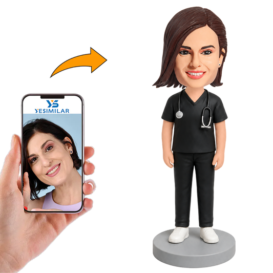 Operating Room Female Doctor in Black Scrubs with Stethoscope Custom Bobbleheads