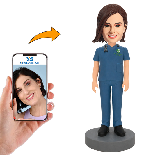 Operating Room Female Doctor in Navy Blue Scrubs with Stethoscope Custom Bobbleheads